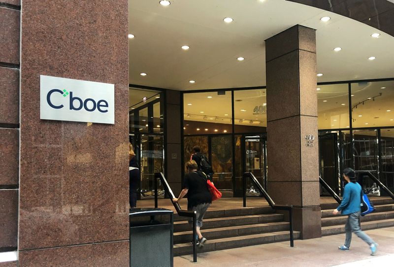 &copy; Reuters. FILE PHOTO: People walk by the Chicago Board Options Exchange (CBOE) Global Markets headquarters building in Chicago, Illinois, U.S., September 19, 2018.  REUTERS/Michael Hirtzer/File Photo