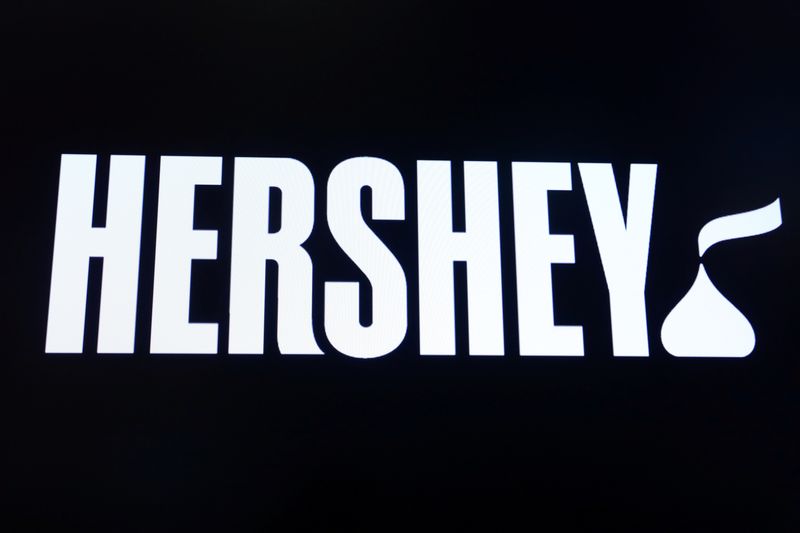 &copy; Reuters. FILE PHOTO: The company logo for Hershey Co. is displayed on a screen on the floor of the New York Stock Exchange (NYSE) in New York, U.S., March 4, 2019. REUTERS/Brendan McDermid/File Photo