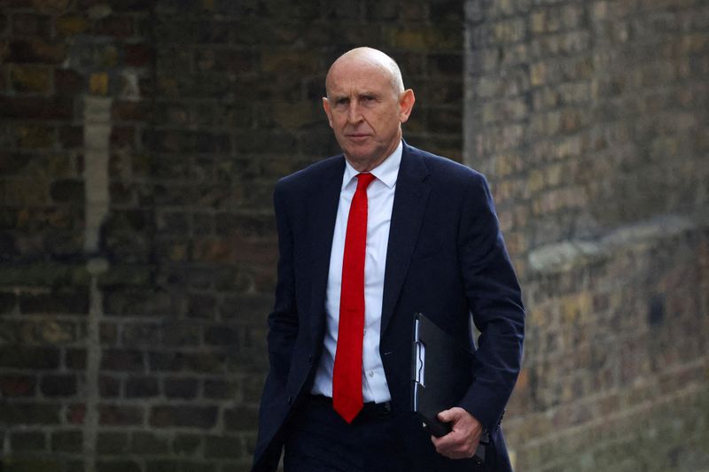 &copy; Reuters. FILE PHOTO: Britain's Defence Secretary John Healey walks outside 10 Downing Street in London, Britain, September 3, 2024. REUTERS/Toby Melville/File Photo