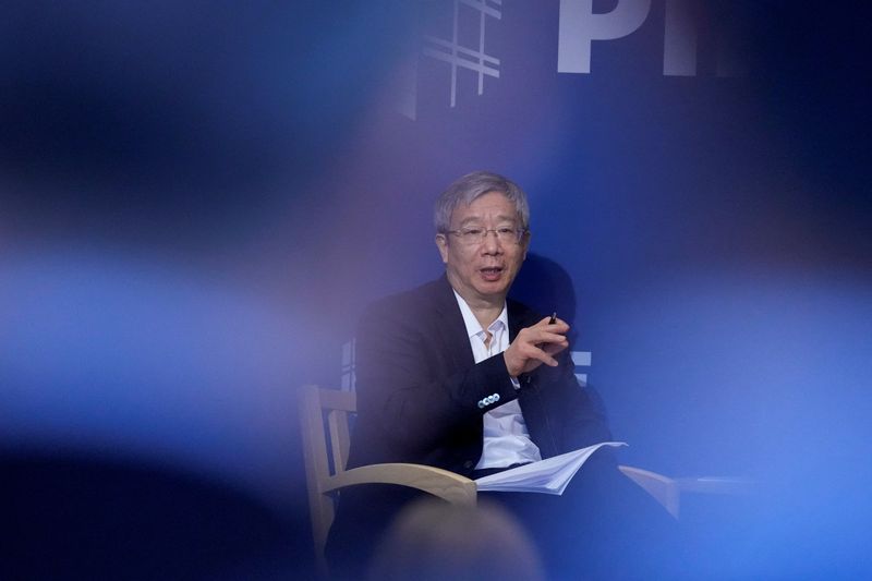 © Reuters. Governor of the Peoples Bank of China, Yi Gang speaks to the media at the Peterson Institute for International Economics, (PIIE), in Washington, D.C., U.S. April 15, 2023. REUTERS/Ken Cedeno/File Photo