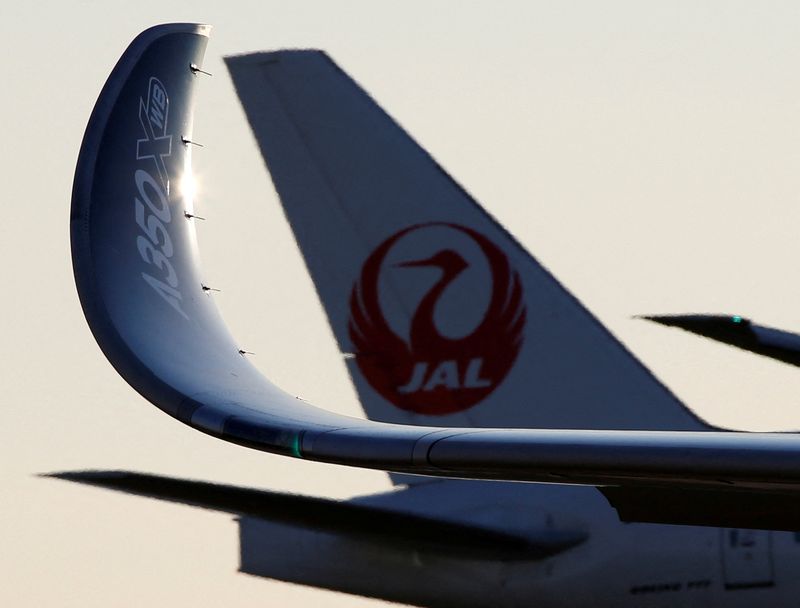 © Reuters. A wing of an Airbus A350 XWB aircraft is seen in front of a Japan Airlines (JAL) aircraft after landing for its market survey at Haneda airport in Tokyo November 19, 2014.  REUTERS/Toru Hanai/File Photo