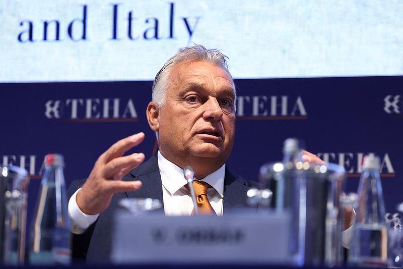 &copy; Reuters. Hungarian Prime Minister Viktor Orban speaks during the European House - Ambrosetti Forum, an annual conference that gathers business and political leaders at the end of the summer, in Cernobbio, Italy, September 6, 2024. REUTERS/Claudia Greco