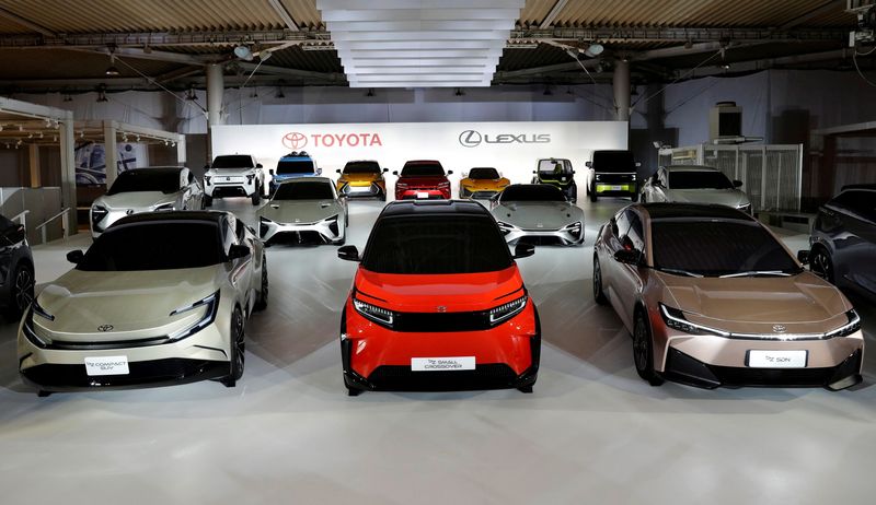 &copy; Reuters. FILE PHOTO: Toyota Motor Corporation's bZ models are pictured after a briefing on the company's strategies on battery EVs in Tokyo, Japan, December 14, 2021. REUTERS/Kim Kyung-Hoon/File Photo