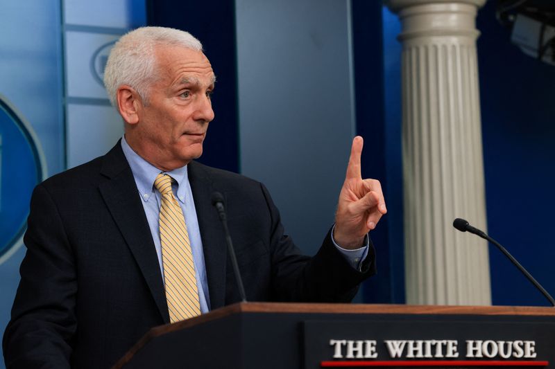 © Reuters. FILE PHOTO: Chairman of the U.S. Council of Economic Advisers Jared Bernstein speaks during a press briefing at the White House in Washington, U.S., August 14, 2024. REUTERS/Kevin Mohatt/File Photo