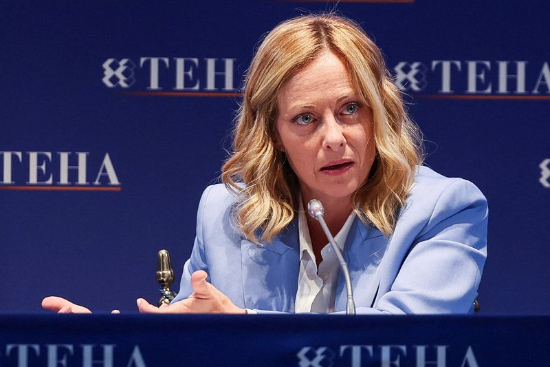 &copy; Reuters. Italian Prime Minister Giorgia Meloni speaks during the European House-Ambrosetti Forum, an annual conference that gathers business and political leaders at the end of the summer, in Cernobbio, Italy, September 7, 2024. REUTERS/Claudia Greco