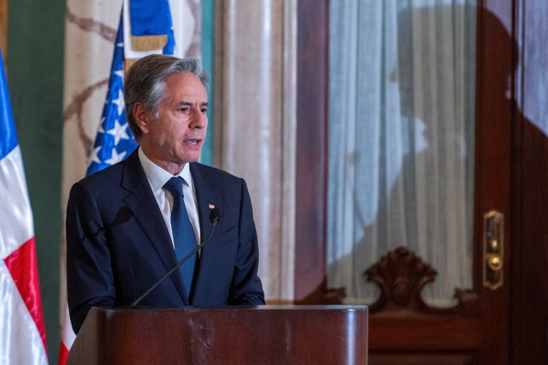 &copy; Reuters. FILE PHOTO: U.S. Secretary of State Antony Blinken speaks during a joint news conference with President of the Dominican Republic Luis Abinader at the National Palace, in Santo Domingo, Dominican Republic, September 6, 2024. Roberto Schmidt/Pool via REUTE