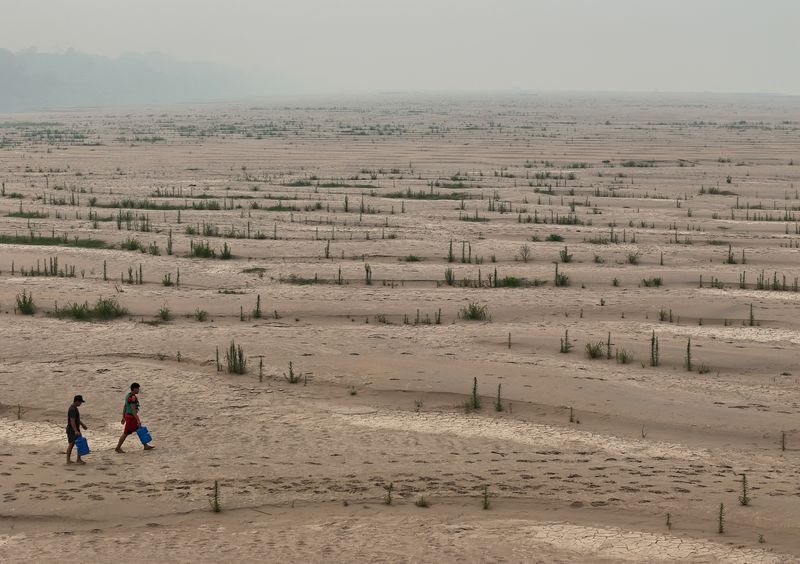 &copy; Reuters. Ribeirinhos carregam galões de água enquanto atravessam bancos de areia do rio Madeira até a comunidade Paraizinho, em meio à pior seca da história. Humaitá, Amazonas. REUTERS/Bruno Kelly