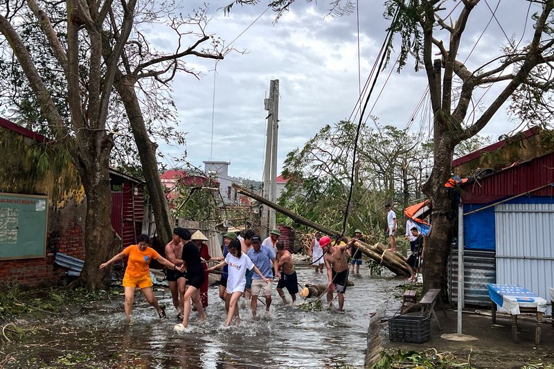 &copy; Reuters. People use ropes to remove fallen trees following the impact of Typhoon Yagi, Hai Phong, Vietnam, September 8, 2024. REUTERS/Minh Nguyen