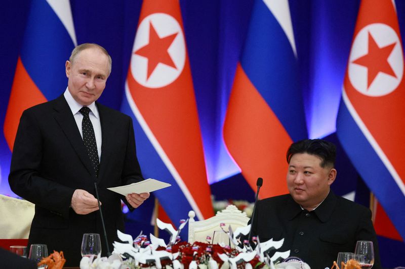 &copy; Reuters. Russia's President Vladimir Putin and North Korea's leader Kim Jong Un attend a state reception in Pyongyang, North Korea June 19, 2024. Sputnik/Vladimir Smirnov/Pool via REUTERS/File Photo