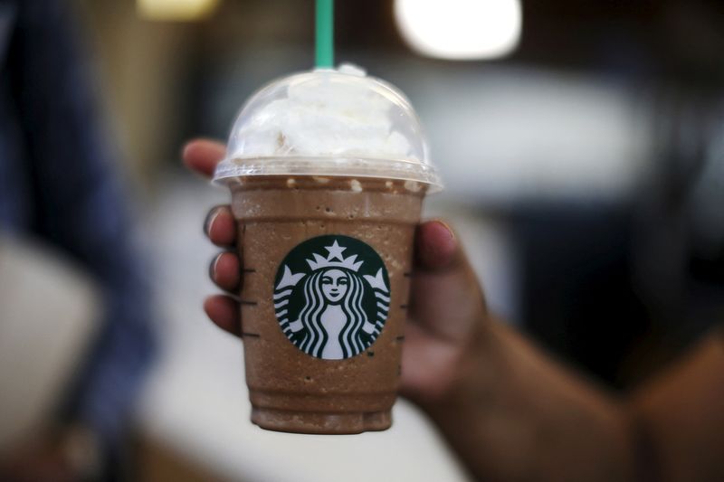 &copy; Reuters. FILE PHOTO: A woman holds a Frappuccino at a Starbucks store inside the Tom Bradley terminal at LAX airport in Los Angeles, California, United States, October 27, 2015. Picture taken October 27, 2015. REUTERS/Lucy Nicholson/File Photo