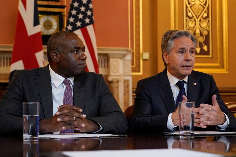 &copy; Reuters. Secretary of State Antony Blinken, speaks during a strategic dialogue meeting with Britain’s Foreign Secretary David Lammy at the Foreign, Commonwealth and Development Office (FCDO) in London, Britain, September 10, 2024.  Alberto Pezzali/Pool via REUTE