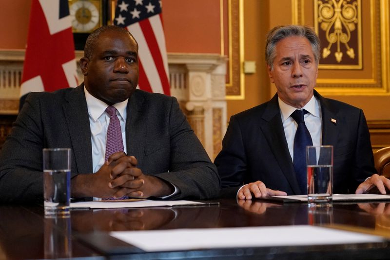 &copy; Reuters. Secretary of State Antony Blinken, speaks during a strategic dialogue meeting with Britain's Foreign Secretary David Lammy at the Foreign, Commonwealth and Development Office (FCDO) in London, Britain, September 10, 2024.  Alberto Pezzali/Pool via REUTERS