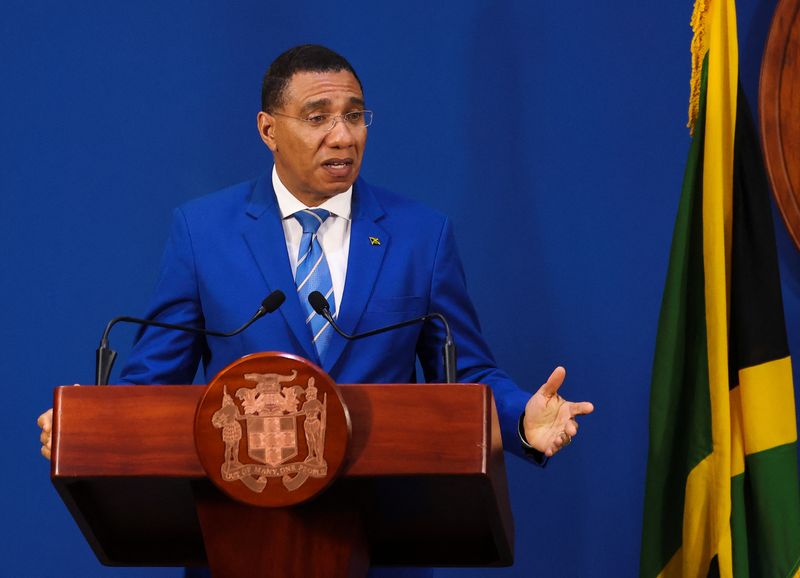 &copy; Reuters. FILE PHOTO: Jamaica's Prime Minister Andrew Holness addresses the audience during a press conference in Kingston, Jamaica May 15, 2023. REUTERS/Gilbert Bellamy/File Photo