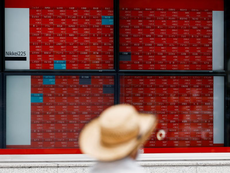 &copy; Reuters. FILE PHOTO: A man looks at an electronic board displaying the Nikkei stock average outside a brokerage in Tokyo, Japan, August 6, 2024. REUTERS/Willy Kurniawan/File Photo