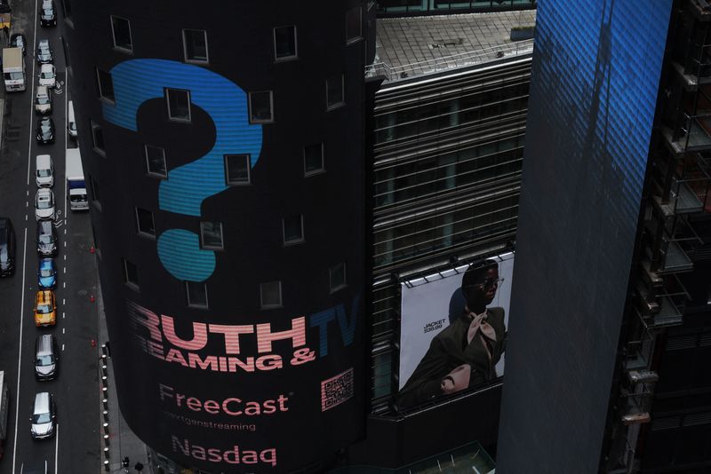 © Reuters. FILE PHOTO: The Nasdaq Market site is seen on the day that shares of Truth Social and Trump Media & Technology Group start trading under the ticker 