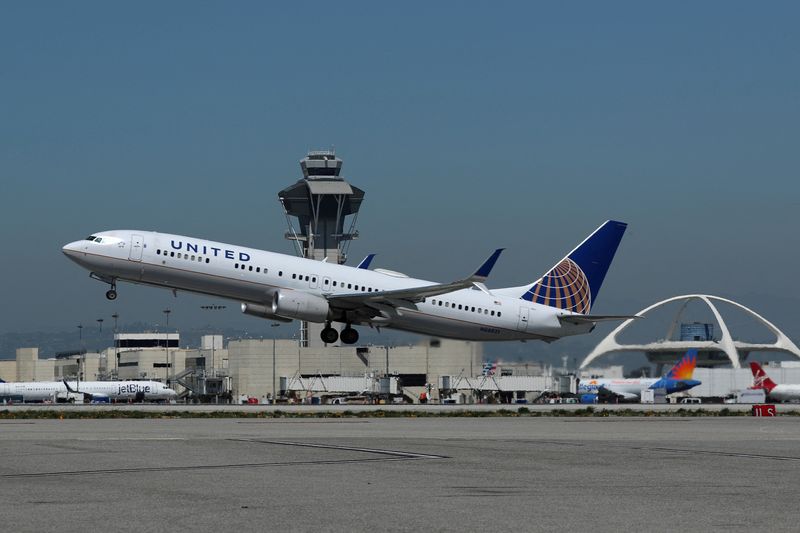 &copy; Reuters. FILE PHOTO: A United Airlines Boeing 737-900ER plane takes off from Los Angeles International airport (LAX) in Los Angeles, California, U.S. March 28, 2018. REUTERS/Mike Blake/File Photo