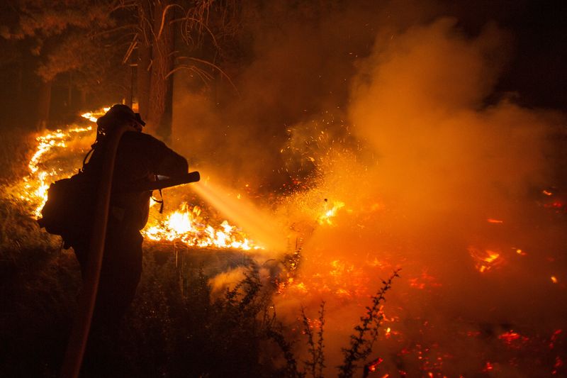 © Reuters. A Cal Fire firefighter tackles the Bridge Fire threatening mountain communities to the northeast of Los Angeles, in Wrightwood, California, U.S. September 11, 2024. REUTERS/Ringo Chiu