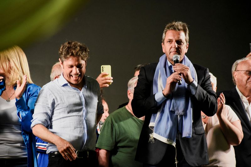 &copy; Reuters. FILE PHOTO: Argentina's presidential candidate Sergio Massa addresses supporters as he reacts with the elected Governor of Buenos Aires Axel Kicillof to the results of the presidential election, in Buenos Aires, Argentina October 22, 2023. REUTERS/Martin 