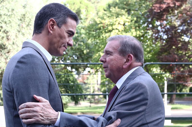 © Reuters. Spain's Prime Minister Pedro Sanchez meets with Venezuela's presidential candidate Edmundo Gonzalez at the Moncloa Palace, days after Gonzalez fled to Spain to seek asylum after disputed election results in Venezuela, in Madrid, Spain, September 12, 2024. Fernando Calvo/Moncloa Palace/Handout via REUTERS 