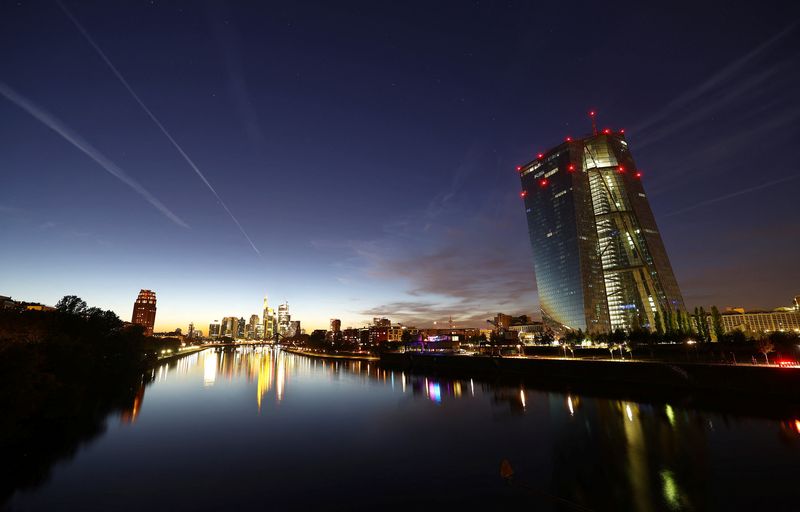 &copy; Reuters. FILE PHOTO: The sun sets behind the skyline and the European Central Bank (ECB, R) during a warm autumn evening in Frankfurt, Germany, October 1, 2023.  REUTERS/Kai Pfaffenbach/File Photo