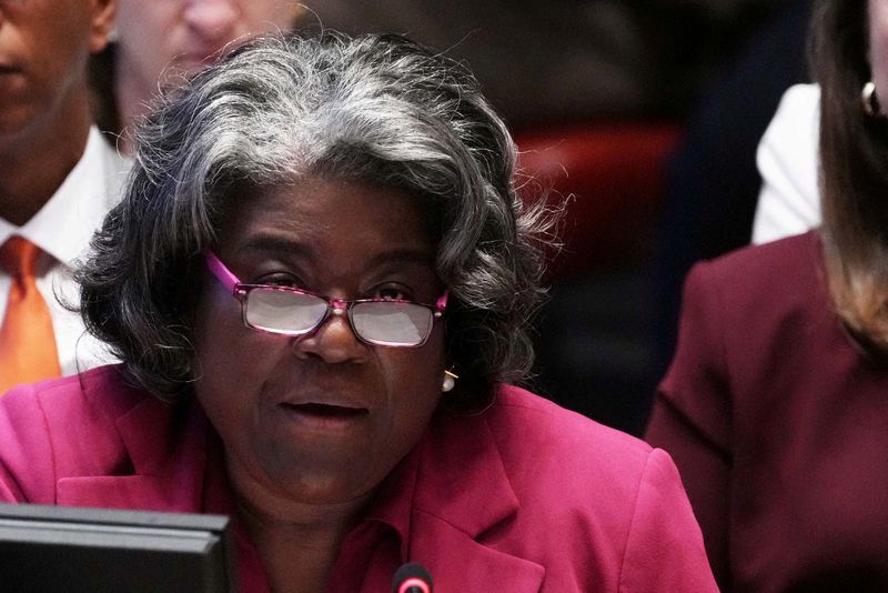 © Reuters. Embaixadora dos EUA na ONU,  Linda Thomas-Greenfield, durante sessão do Conselho de Segurança na sede da entidade em Nova York
04/09/2024 REUTERS/David 'Dee' Delgado