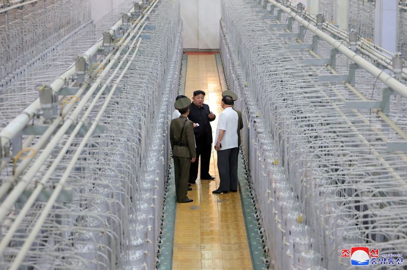 © Reuters. North Korean leader Kim Jong Un tours facilities during a visit to the Nuclear Weapons Institute and the production base of weapon-grade nuclear materials at an undisclosed location in North Korea, in this photo released by North Korea's official Korean Central News Agency September 13, 2024.    KCNA via REUTERS 