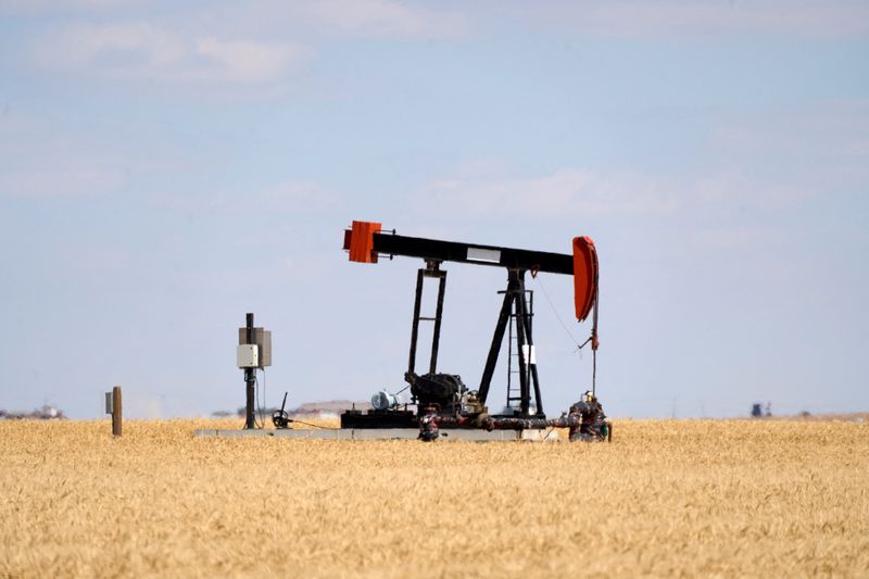 © Reuters. FILE PHOTO: An oil pumpjack is pictured in a farmer’s field near Kindersley, Saskatchewan, Canada September 5, 2024.  REUTERS/Todd Korol/File Photo