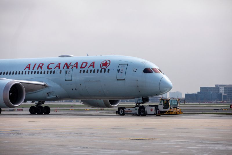 &copy; Reuters. FILE PHOTO: An Air Canada airplane is towed along a runway at Toronto Pearson Airport in Mississauga, Ontario, Canada April 28, 2021. REUTERS/Carlos Osorio/File Photo