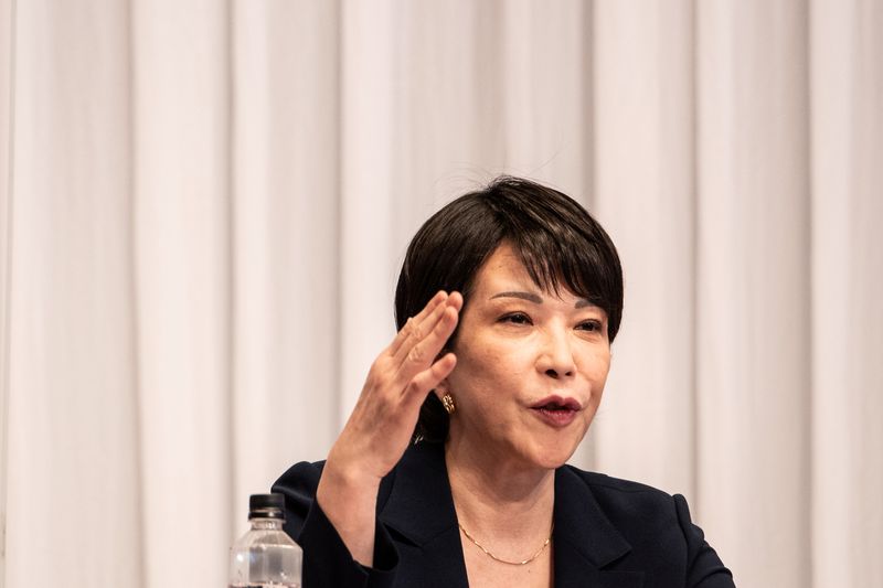 © Reuters. FILE PHOTO: Candidate for the presidential election of the ruling Liberal Democratic Party, Sanae Takaichi, speaks during a debate organized by the Liberal Democratic Party, Youth Bureau, Women's Bureau at the party headquarters, in Tokyo, Japan, September 20, 2021. Philip Fong/Pool via REUTERS/File Photo