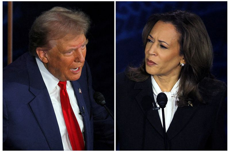 © Reuters. Donald Trump and Kamala Harris debate in Philadelphia, September 10, 2024. REUTERS/Brian Snyder