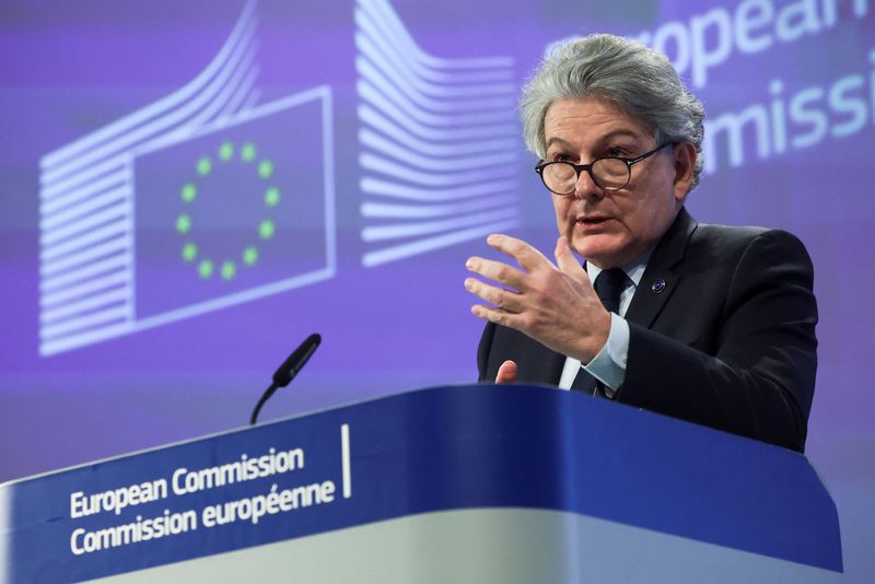 &copy; Reuters. FILE PHOTO: European Commissioner for Internal Market Thierry Breton speaks during a press conference presenting plans to boost the European Union's arms industry in Brussels, Belgium March 5, 2024. REUTERS/Yves Herman/File Photo