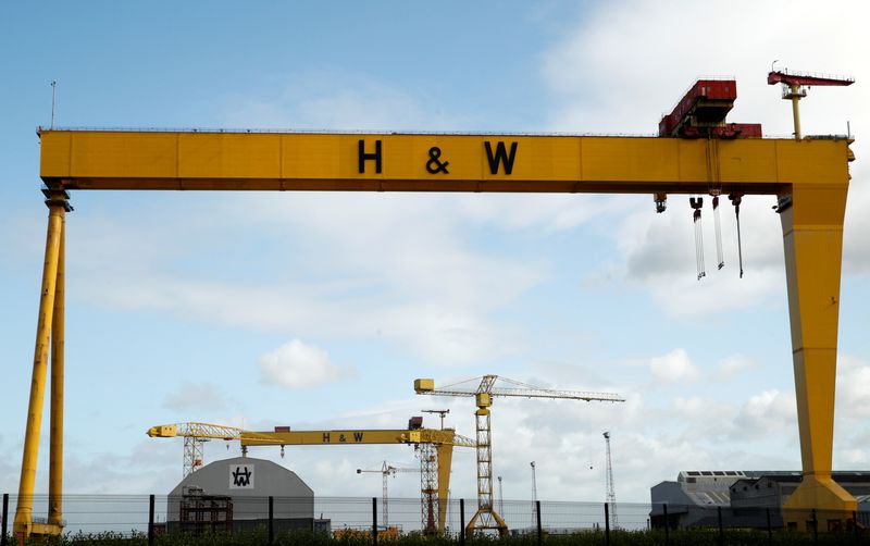 &copy; Reuters. FILE PHOTO: Gantry cranes are seen in the shipyard of Harland & Wolff Shipbuilders in Belfast, Northern Ireland September 6, 2019. REUTERS/John Sibley/File Photo