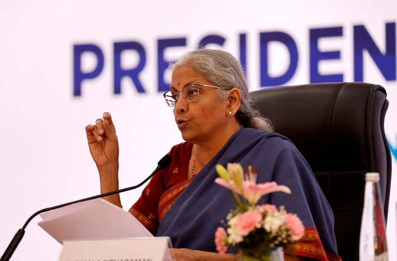 &copy; Reuters. FILE PHOTO: India's Finance Minister Nirmala Sitharaman speaks during a press conference after a G20 Finance Ministers' and Central Bank governors' meeting at Gandhinagar, India, July 18, 2023. REUTERS/Amit Dave/File Photo