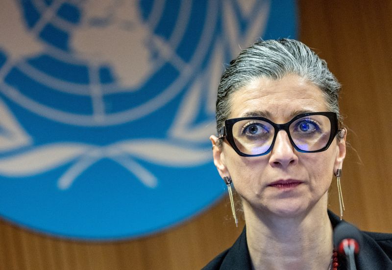 &copy; Reuters. FILE PHOTO: Francesca Albanese, UN special rapporteur on human rights in the Palestinian territories, attends a side event during the Human Rights Council at the United Nations in Geneva, Switzerland, March 26, 2024. REUTERS/Denis Balibouse/File Photo