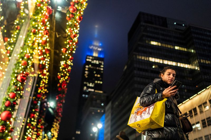 © Reuters. A woman carries her shopping bags during the holiday season in New York City, U.S., December 10, 2023. REUTERS/Eduardo Munoz/File Photo