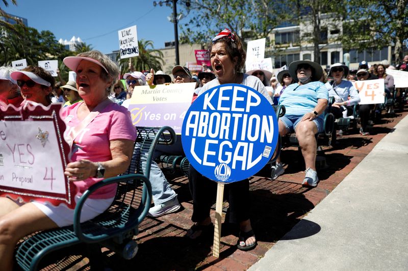 &copy; Reuters. Abortion rights advocates gather to launch their 'Yes On 4' campaign with a march and rally against the six-week abortion ban ahead of November 5, when Florida voters will decide on whether there should be a right to abortion in the state, in Orlando, Flo