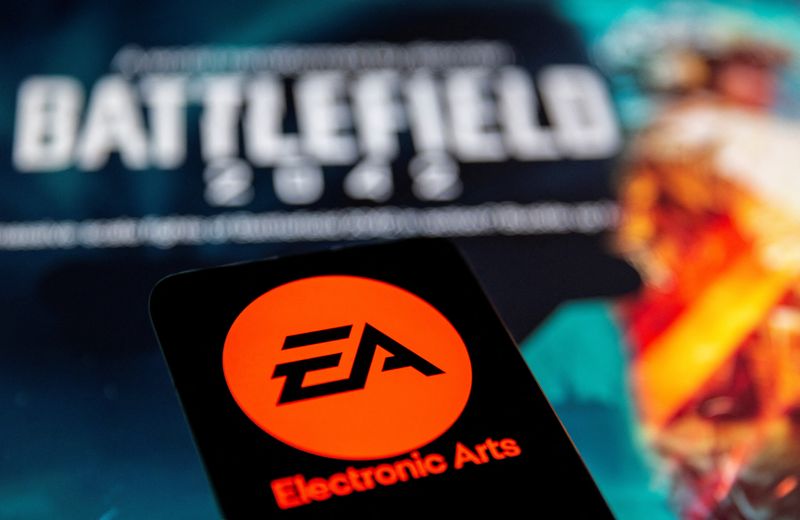 &copy; Reuters. FILE PHOTO: A smartphone with the Electronic Arts logo is seen in front of a displayed "Battlefield 2042" logo in this illustration taken September 16, 2021. REUTERS/Dado Ruvic/Illustration/File Photo