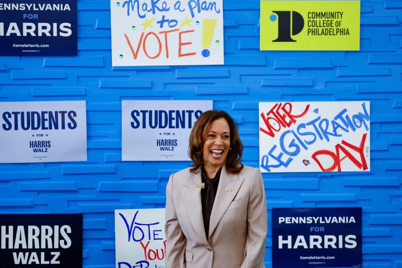 &copy; Reuters. Candidata democrata à presidência e vice-presidente dos EUA, Kamala Harris, na Filadélfia, Pensilvânia, EUAn17/09/2024nREUTERS/Piroschka van de Wouw