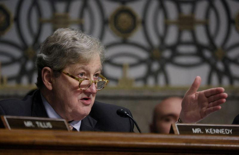 &copy; Reuters. FILE PHOTO: U.S. Senator John Kennedy (R-LA) asks questions at a Senate Banking, Housing and Urban Affairs Committee hearing  in the Dirksen Senate Office Building in Washington, U.S., May 16, 2023. REUTERS/Leah Millis/File Photo