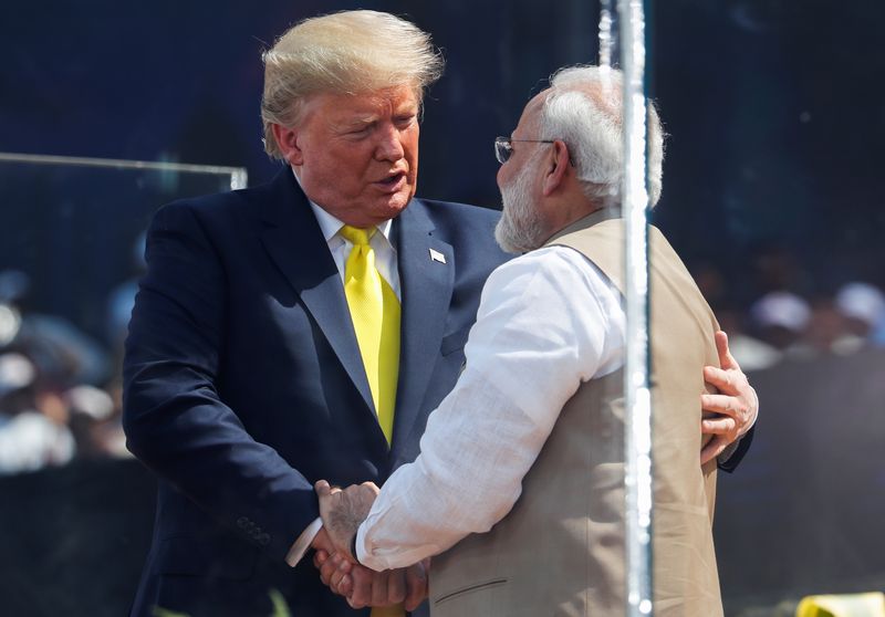 &copy; Reuters. U.S. President Donald Trump embraces with Indian Prime Minister Narendra Modi during the "Namaste Trump" event at Sardar Patel Gujarat Stadium, in Ahmedabad, India, February 24, 2020. REUTERS/Al Drago/File Photo