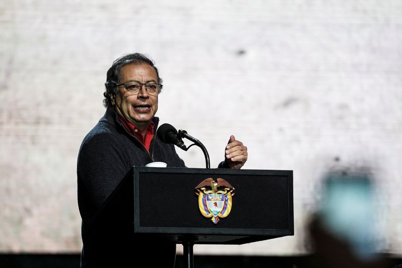 © Reuters. FILE PHOTO: Colombian President Gustavo Petro speaks during an event to announce the approval of a law called 