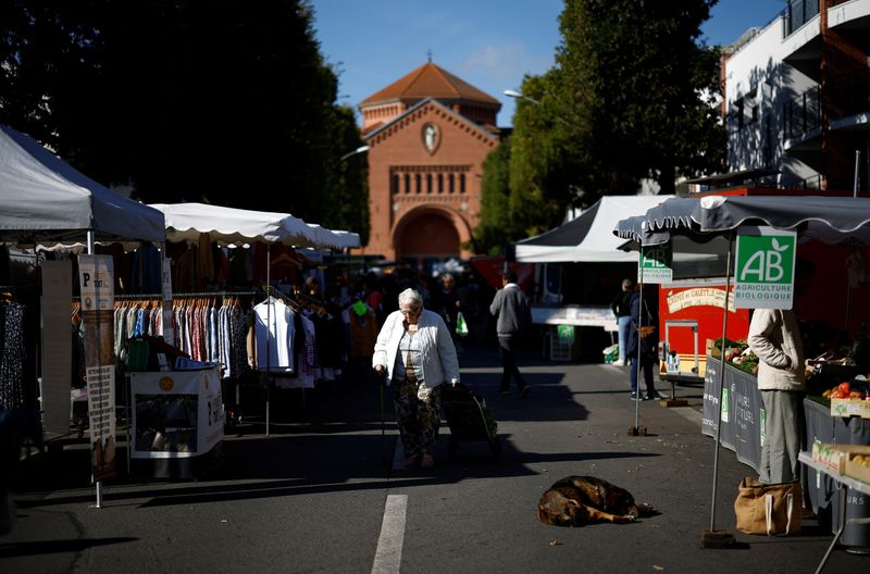 © Reuters. A woman pulls a shopping basket while shopping at a local market in Nantes, France September 17, 2024. REUTERS/Stephane Mahe