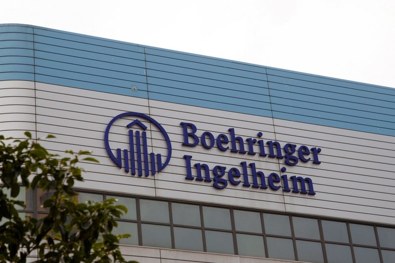 &copy; Reuters. FILE PHOTO: The logo of German pharmaceutical company Boehringer Ingelheim is seen at its building in Shanghai, China February 1, 2019. Picture taken February 1, 2019. REUTERS/Stringer  ATTENTION EDITORS - THIS IMAGE WAS PROVIDED BY A THIRD PARTY. CHINA O