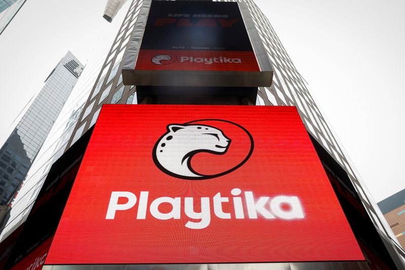 &copy; Reuters. FILE PHOTO: A screen displays mobile gaming company Playtika Holding Corp company logo during the company's IPO in Times Square in New York City, U.S., January 15, 2021.  REUTERS/Brendan McDermid/File Photo