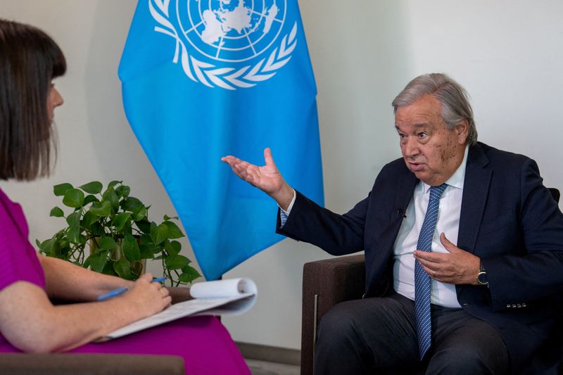 &copy; Reuters. FILE PHOTO: Secretary-General of the United Nations Antonio Guterres attends an interview at the U.N. headquarters in New York City, U.S., September 11, 2024. REUTERS/David 'Dee' Delgado/File Photo