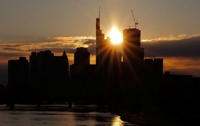 &copy; Reuters. FILE PHOTO: The skyline of the banking district is seen during sunset in Frankfurt, Germany, April 21, 2024.  REUTERS/Kai Pfaffenbach/File photo