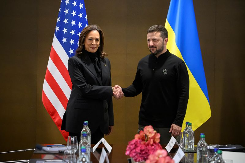 &copy; Reuters. Vice President Kamala Harris of the United States (left) shakes hands with President Volodymyr Zelenskyy of Ukraine (right) as they meet for a bilateral talk during the Summit on peace in Ukraine, in Stansstad near Lucerne, Switzerland, Saturday, June 15,