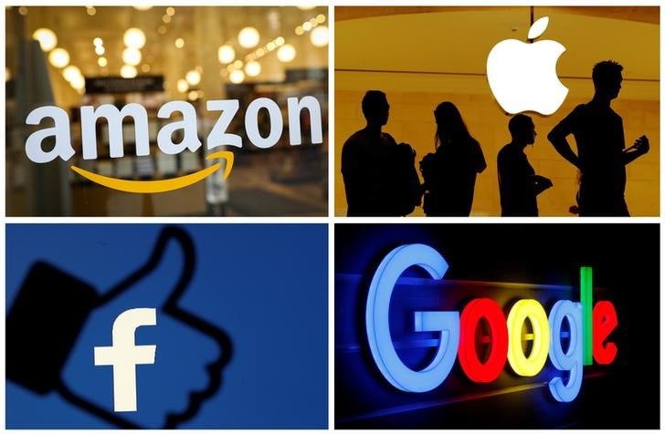 © Reuters. The logos of Amazon, Apple, Facebook and Google are seen in a combination photo from Reuters files.    REUTERS/File Photos