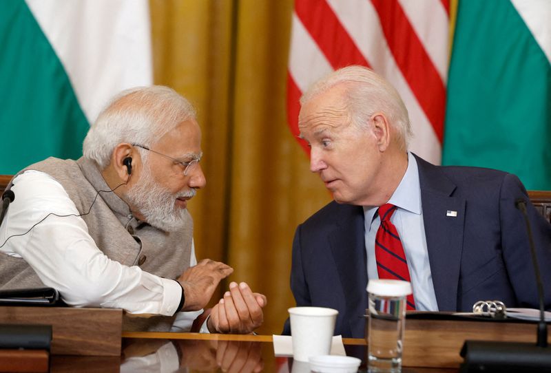 &copy; Reuters. FILE PHOTO: U.S. President Joe Biden and India's Prime Minister Narendra Modi meet with senior officials and CEOs of American and Indian companies in the East Room of the White House in Washington, U.S., June 23, 2023. REUTERS/Evelyn Hockstein/File Photo