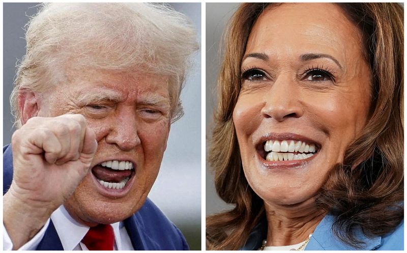 &copy; Reuters. O candidato republicano à presidência e ex-presidente dos Estados-Unidos Donald Trump em Asheboro, Carolina do Norte, em 21/08/2024, e a vice-presidente e candidata democrata à presidência Kamala Harris em Raleigh, Carolina do Norte, em 16/08/2024nREU